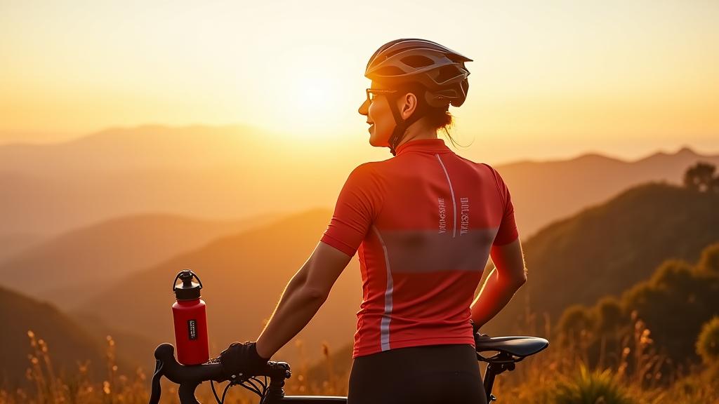 A cyclist confidently riding with a RideGear Pro water bottle, showing a sense of accomplishment.