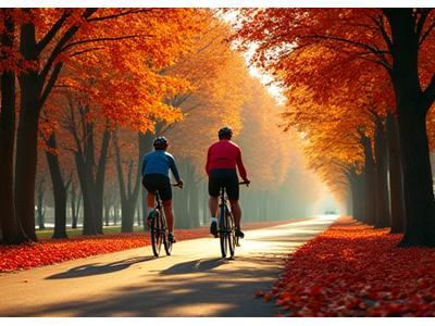 Cyclists riding through autumn leaves, suggesting seasonal cycling advice.